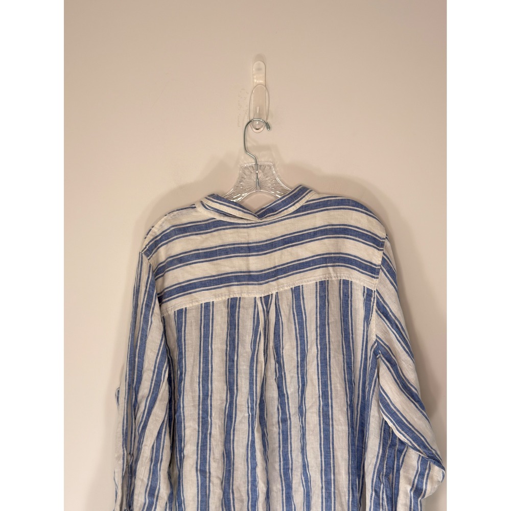 Tahari Linen Button Up Blouse Lagenlook Plus Blue White Striped Coastal 2X‎ - Picture 9 of 14